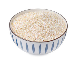 Raw barley groats in bowl isolated on white