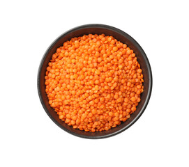 Raw lentils in bowl isolated on white, top view