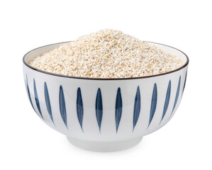Raw barley groats in bowl isolated on white