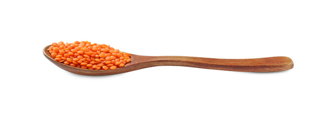 Wooden spoon with raw lentils isolated on white