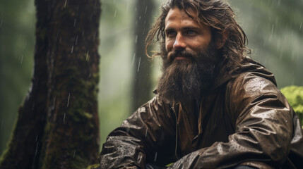 Obraz premium Portrait of a forester bearded European man that is sitting in the woods