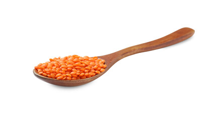Wooden spoon with raw lentils isolated on white