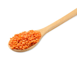 Wooden spoon with raw lentils isolated on white