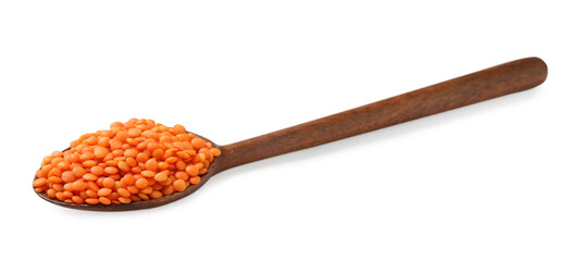 Wooden spoon with raw lentils isolated on white