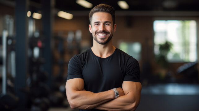 Portrait of a fitness instructor. Young man adult is in the gym