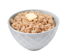 Tasty wheat porridge with butter in bowl isolated on white