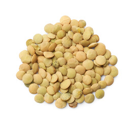 Pile of raw lentils isolated on white, top view