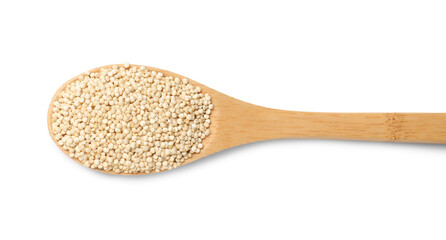 Wooden spoon with raw quinoa isolated on white, top view