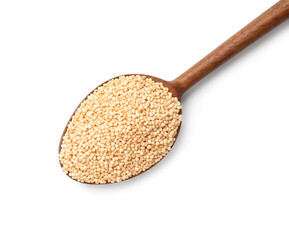Wooden spoon with raw quinoa isolated on white, top view