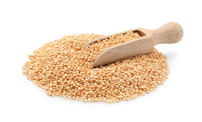 Wooden scoop with raw quinoa isolated on white