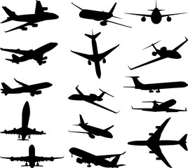 airplane silhouette, collection on white background vector