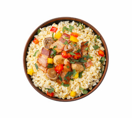 Cooked bulgur with vegetables, fried bacon and mushrooms in bowl isolated on white, top view