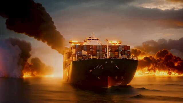 Container ship in the sea on fire, oil tanker on fire with smoke animation.
