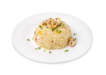 Delicious bulgur with vegetables, mushrooms and microgreens isolated on white