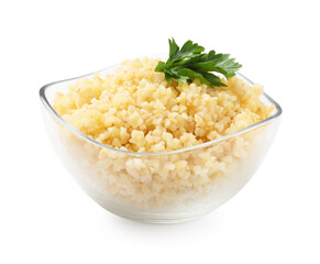 Delicious bulgur with parsley in bowl isolated on white