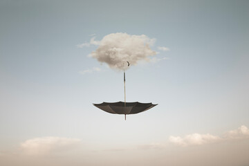 surreal cloud carrying an umbrella in the sky, abstract concept - obrazy, fototapety, plakaty