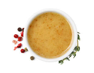 Delicious turkey gravy, thyme and peppercorns isolated on white, top view