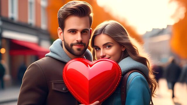 A romantic moment, a young couple in love holding a big red heart together, photo shoots on the street for Valentine's Day. Portrait of beautiful people looking at the camera. Generative AI.