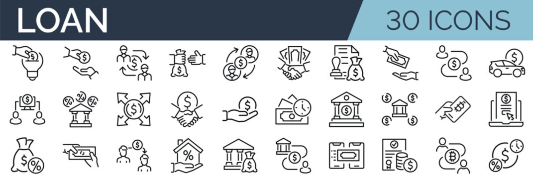 Set of 30 outline icons related to loan, lending, credit. Linear icon collection. Editable stroke. Vector illustration