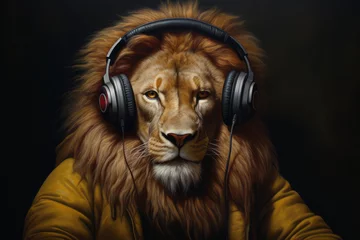 Zelfklevend Fotobehang Portrait of a lion in headphones against dark background © standret
