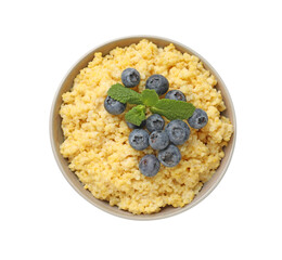 Tasty millet porridge with blueberries and mint in bowl isolated on white, top view