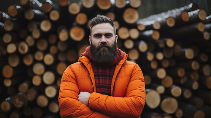 Portrait of a lumberjack bearded European man against stack of wood
