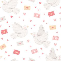Pattern with white doves, love letters and hearts. Cute seamless vector texture for St. Valentine's Day decoration, wrapping paper print