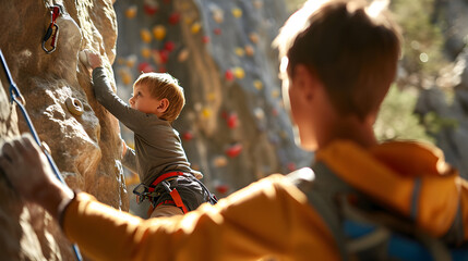 Young Boy Practicing Rock Climbing Indoors with Coach, Child in a climbing gym with instructor on an artificial wall - obrazy, fototapety, plakaty