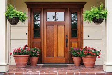 Front door with square decorative windows and flower pots - obrazy, fototapety, plakaty