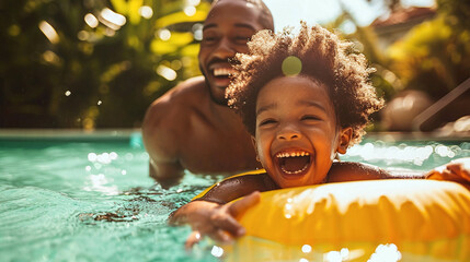 Joyful Father and Son Swimming Pool Time - obrazy, fototapety, plakaty