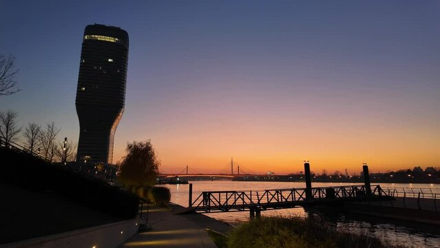 Belgrade waterfront tower and promenade on Sava river, Belgrade, Serbia.
