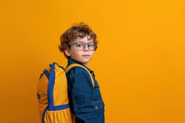 Schoolboy with backpack isolated on solid color studio background