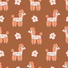 Poodle and Flower seamless pattern. Chamomile and curly dog modern hand drawn background. Pastel colored repeat vector illustration for pets, kids, fabric, textile