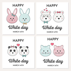 Collection of cute White day cards, tags with funny bunnies, bears, cats, pandas in kawaii style. Romantic couples of animals for holiday White day romantic greeting. 14 March.