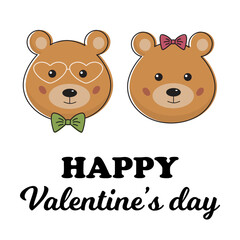 Happy Valentines day card with cute romantic couple of bears. Bear boy and girl in cute kawaii style. Love, I love you concept. For cards, tags, prints, social media post.