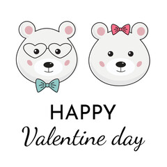 Happy Valentines Day card with teddy polar bear couple. I love you concept, romantic animals couple for holiday greeting card. Print for cards, posters, invitation.