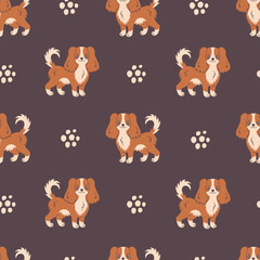 Spaniel Dog modern seamless pattern. Cute hand drawn doggy background with cute cartoon puppy and dots. Trendy repeat vector illustration for pets, kids, fabric, textile