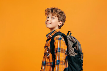 Schoolboy with backpack isolated on solid color studio background