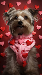 Dog dressed in valentines hearts costume.