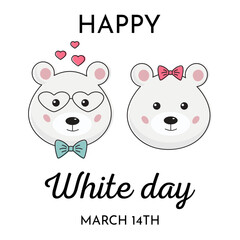 Romantic holiday, White day, i love you concept with polar bear couple. Happy White day greeting card. Cute kawaii bears with hearts.