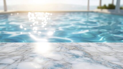 Marble surface of the side of a hotel pool with sun rays. Spa and relaxation background
