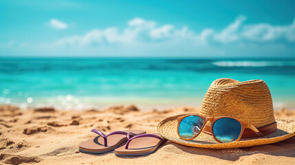 Straw hat, sunglasses and flip-flops on a tropical beach. Summer holiday and travel background