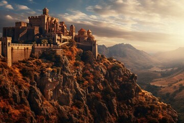 Ancient fortress with medieval architecture surrounded by enchanting landscape. Generative AI - obrazy, fototapety, plakaty