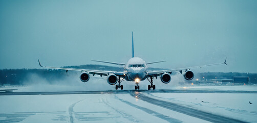 front-view plane landing on an airport, stormy storm wind, frozen ice winter snowfall chaos, minus temperature, fictional location - obrazy, fototapety, plakaty
