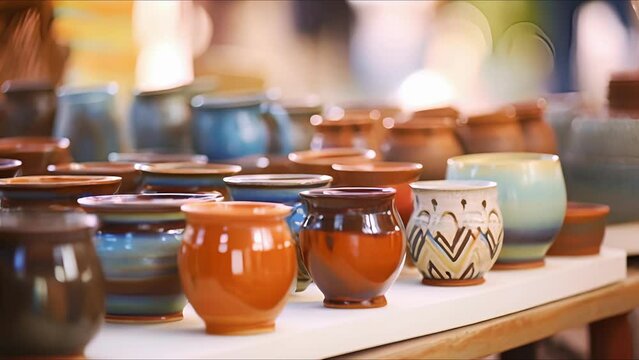 Closeup of handcrafted pottery and ceramics on display at a local artisan market.