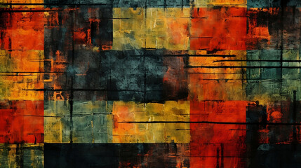 A grungy fabric with red, green and black patterns on it, dark orange and dark black, crossed colors, bold color scheme, grid-based, small brushstrokes, multilayered