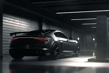 modern sports car in dark garage. 3D rendering. Generative AI - obrazy, fototapety, plakaty