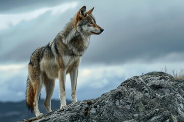 Fototapeta premium Capture a lone wolf standing on a rocky outcrop, its gaze fixed on the distant horizon
