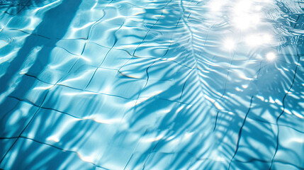Surface of blue pool water with shadow from palm leaf, abstract summer fresh background