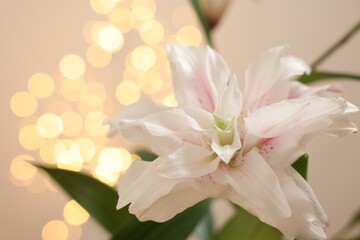Beautiful lily flower against beige background with blurred lights, closeup